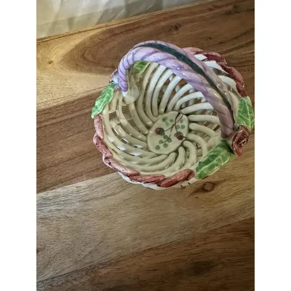 Vintage Spanish Hand-Painted Woven Lattice Pottery Basket Trinket Dish - Picture 5 of 10